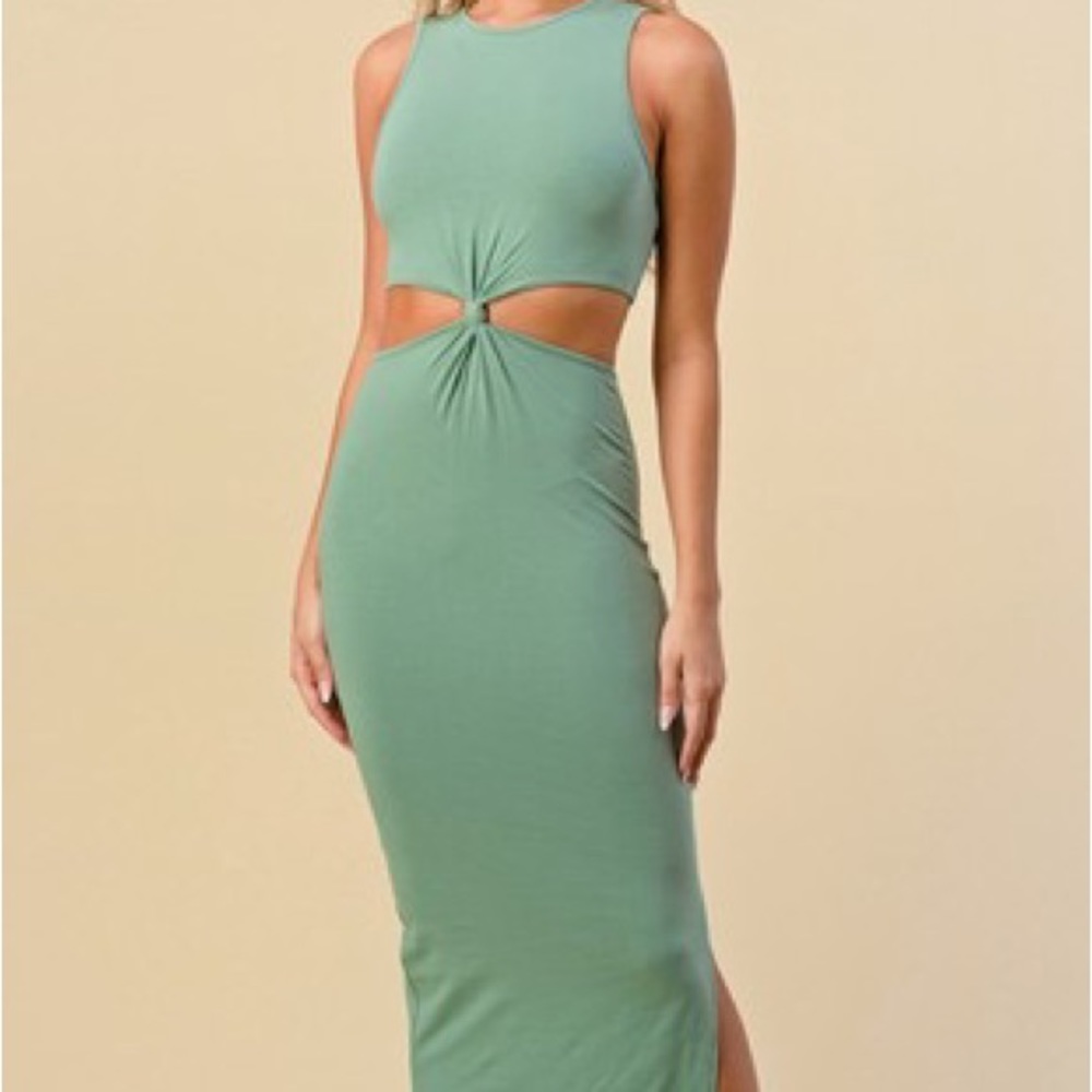 Sage Green Midi dress with cut out stomach and back.